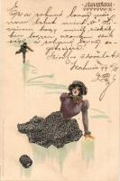1899 Jégvirágok X. Korcsolyázó Art Nouveau hölgy / Frostwork, ice skating lady, unisgned Raphael Kirchner art postcard, Kunstanstalt Kosmos litho