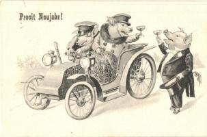 1910 Prosit Neujhr / New Year greeting art postcard. Pig gentlemen drinking champagne in automobile