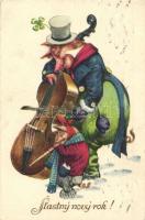 Stastny novy rok! / New Year greeting art postcard. Pig music band L&P 1643/IV.