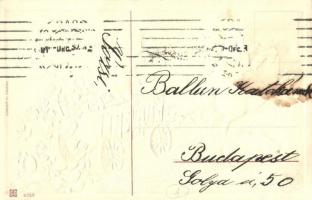 Boldog Újévet! Dombornyomott litho üdvözlőlap malacokkal és lóherével / New Year greeting art postca...