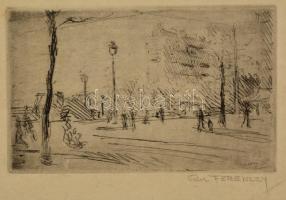 Ferenczy Valér (1885-1954): Párizs, Place Denfert. Rézkarc, papír, jelzett, 9,5×16 cm