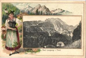 Bad Leogang i. Tirol. O. Blaschkes Floral, Art Nouveau Emb. litho frame with folklore lady