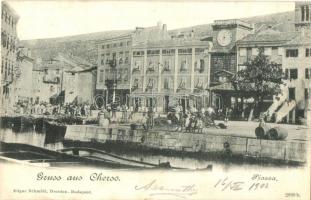 Cres, Cherso; Piazza / port square with market and clock tower