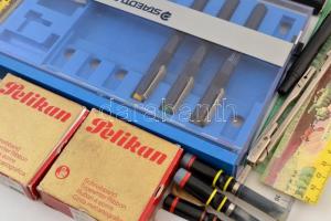 Vegyes írószer tétel, 23 db (Spectrum körzőkészlet eredeti dobozában, két hiánnyal, hiányos Staedtle...