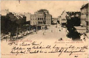 1898 Pozsony, Pressburg, Bratislava; sétatér és városi színház, villamos, Edgar Schmidt kiadása / promenade, theater, tram (EK)