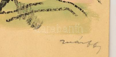 Márffy Ödön (1878-1959): Női akt őzzel. Színezett litográfia, papír, jelzett, 34×25 cm