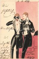1899 Zwischen-Act Gigerln / Dandy men at the theatre. Art Nouveau art postcard litho (gluemark)