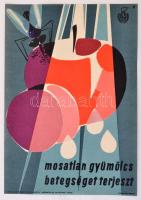 1960 Mosatlan gyümölcs betegséget terjeszt, Egészségügyi Minisztérium Felvilágossítási Központja, Terv Nyomda, villamos plakát, 23x16 cm.