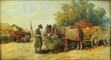 Gutaházy Németh Gyula (1892-1959): Ébédelő lovak. Olaj, karton, jelzett, üvegezett keretben, 18×32 cm