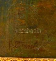 cca 1900 Olvashatatlan jelzéssel: Tehenek a vízparton. Olaj, vászon-karton (sérült), antik keretben,...