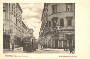 Fiume, Via Andrássy / Andrássy Strasse / street view with tram, C. Maly Vidalis Grand Magazin