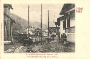 Brád, Aranybánya bejárata Bárza felől ipari vasúttal. Ábrahám István kiadása / Goldgrubeneingang von Bárza / gold mine entry with industrial railway