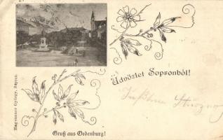 Sopron, Oedenburg; Széchenyi szobor, Hagenauer György floral képeslapja (EK)