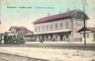 Boryslav-Tustanovychi, Boryslaw-Tustanowice; Dworzec kolejowy / railway station / Bahnhof + K.u.K. Feldjagerbaon Nr. 15. Masch. Gew. Komp. (EK)