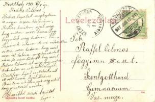 Keszthely, Andrássy tér, Községi elemi fiú iskola, Kir. posta és távirda hivatal, Hermann Lajos üzle...