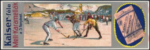 cca 1910 Kaiser féle mell karamellák. Litografált reklám hokisokkal / Advertising with litho hockey image. 15x5 cm
