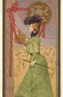 L&#039;Anglaise / English Lady. Art Nouveau art postcard. Serie 653. Nr. 3. Emb. litho s: Basch Árpád