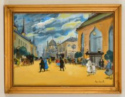Berkes jelzéssel: Nagyvárosi forgatag. Olaj, karton, keretben, 36×49 cm