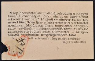 cca 1910 Köck Kálmán, a Kávéház a Múzsához tulajdonosának névjegykártyája és meghívója, saját kezű s...