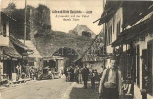 Jajce, Automobillinie Banjaluka-Jajce, Automobil auf der Fahrt durch Jajce / Automobile line between Banjaluka and Jajce, Automobile driving through the street, shop of Jaroslav Fula