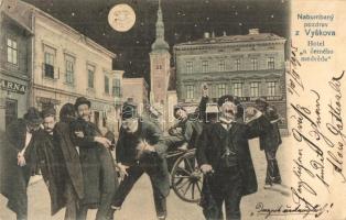 Vyskov, Hotel u cernehero medveda / Black Bear Hotel at night, drunk men montage postcard
