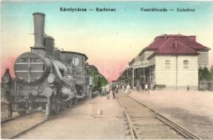 Károlyváros, Karlovac; Kolodvor / Bahnhof / Vasútállomás gőzmozdonnyal / railway station with locomotive
