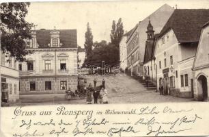 1900 Pobezovice, Ronsperg im Böhmerwald; K.k. Gendarmerie Posten / street view with k.u.k. gendarmerie, photo (EK)