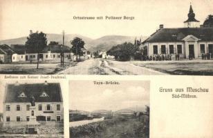 Musov, Muschau; Ortstrasse mit Pollauer Berge, Taya-Brücke, Rathaus mit Kaiser Josef Denkmal, Volksschule / street view, bridge, mountain, town hall, monument, school (EK)