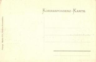 Musov, Muschau; Ortstrasse mit Pollauer Berge, Taya-Brücke, Rathaus mit Kaiser Josef Denkmal, Volkss...