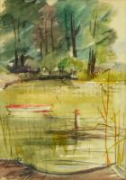 Mináryné Techert Anna (?-?): Magányos csónak. Akvarell, papír, jelzett, üvegezett keretben, 39×27 cm