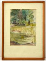 Mináryné Techert Anna (?-?): Magányos csónak. Akvarell, papír, jelzett, üvegezett keretben, 39×27 cm