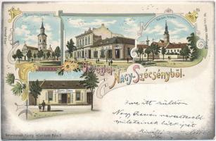 Szécsény, Nagyszécsény (Nógrád); Ágostoni evangélikus és római katolikus templom, iskola, Popovics János és Róth M. üzlete. Schwidernoch Károly Art Nouveau floral, litho (EK)