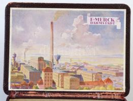E. Merck Darmstadt bőr borítású, belsejében képpel illusztrált dobozka, kopott, 13x9x3 cm