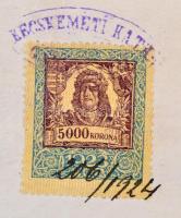 1924 Kecskemét, gimnáziumi érettségi bizonyítvány, 5000K okmánybélyeggel, hajtásnál szakadt, 40x25 c...