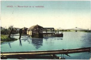 Arad, Maros folyó az új vashíddal, vízi hajómalom / river with iron bridge and floating boat mill