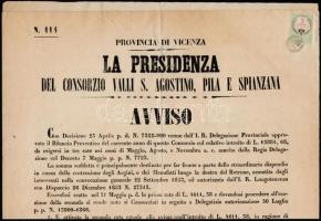 1855 Vicenza, olasz nyelvű hirdetmény 3c hirdetménybélyeggel / Vicenza Italian poster with 3c poster stamp 30x40 cm