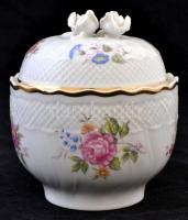 Hollóházi virágmintás porcelán bonbonier, jelzett, apró lepattanással, m: 13 cm