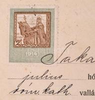 1914 M. kir. posta- és távirdaigazgatóság bizonyítványa, 2K okmánybélyeggel, papírfelzetes pecséttel...