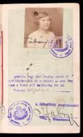 1921 Magyar Királyság (Népköztársaságról kézzel átjavítva) fényképes útlevele, okmánybélyeggel, pecsétekkel, 17,5x10,5 cm / Hungarian passport