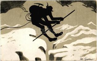 5 db RÉGI sziluettes túrázós művészlap Jos. Goller szignóval. 1926 Poprad Jagdausstellung pecséttel ...