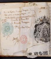 1856 Jan-Baptist Huysmans (1826-1906) belga festő útlevele, főleg olasz és görög  bélyegzésekkel. Bő...