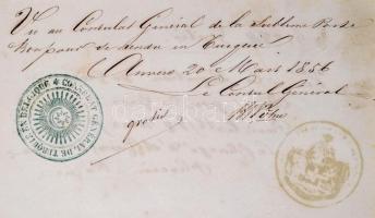 1856 Jan-Baptist Huysmans (1826-1906) belga festő útlevele, főleg olasz és görög  bélyegzésekkel. Bő...