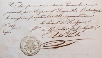 1856 Jan-Baptist Huysmans (1826-1906) belga festő útlevele, főleg olasz és görög  bélyegzésekkel. Bő...