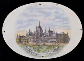 cca 1910 Parlament, matricás mázas fajansz plakett, sérült, jelzés nélkül, 14×20 cm