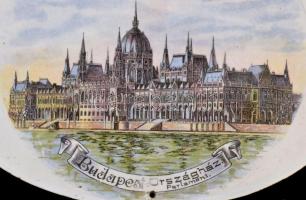 cca 1910 Parlament, matricás mázas fajansz plakett, sérült, jelzés nélkül, 14×20 cm