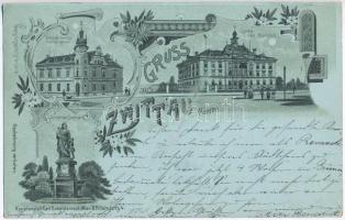 1899 Svitavy, Zwittau; Ottendorfersche Volksbücherei, Landes Ober Realschule, Mutterliebe Denkmal / library, school, monument. Kunstanstalt Karl Schwidernoch No. 3278. Art. Nouveau, floral, litho