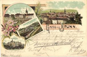 Brno, Brünn; Krautmarkt mit dem Rathaus, Deutsches Haus, Spielberg / market square, town hall, German house. Art Nouveau, floral, litho (EK)