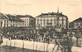 Temesvár, Timisoara; Jenő herceg tér, takarékpénztár, Turul cipőgyár részvénytársaság főraktára, Koronaherceg tőzsde kiadása / Prinz Eugen Platz / square, savings bank, shoe warehouse (EK)