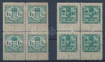 1kr és 2kr Hirdetménybélyeg négyestömbökben / Advertising stamp blocks of 4