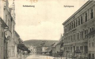 Segesvár, Schassburg, Sighisoara; Spitalgasse / Kórház utca, H. Zeidner kiadása / street view (kis szakadás / small tear)